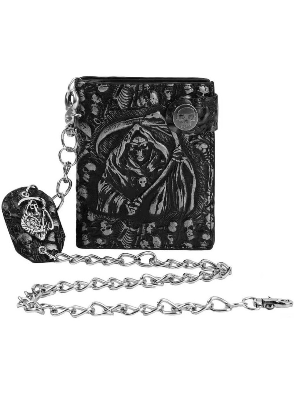 Unisex Reaper's Clutch Silver Skull Gothic Chain Leather Bifold Punk Wallet